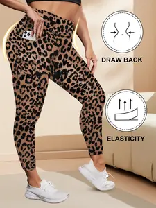 Women's Plus Size High Waist Leopard Print Yoga Pants, Yoga Workout Pants, Seamless Stretch Leggings with Pockets, Seamless Fitness Leggings, Ideal for Sports and Casual Wear, Yoga Activewear