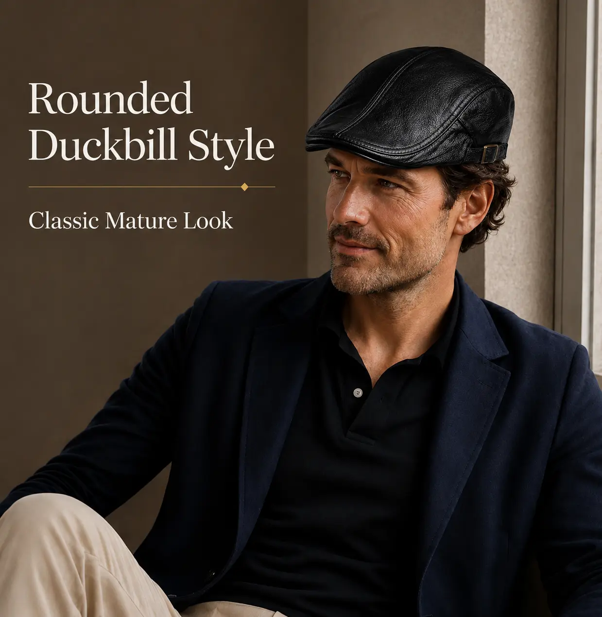 Men's Genuine Leather Newsboy Ivy Cap, Black Adjustable Duckbill Driving Hat, Classic Mature Hat for Spring Autumn, 22.4-24.0 in