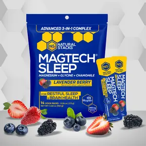 Natural Stacks MagTech Sleep Drink - Lavender Berry Flavor - 14 Stick Packs - 3 Chelated Magnesium Glycine & Chamomile - For Restful Sleep & Brain Health