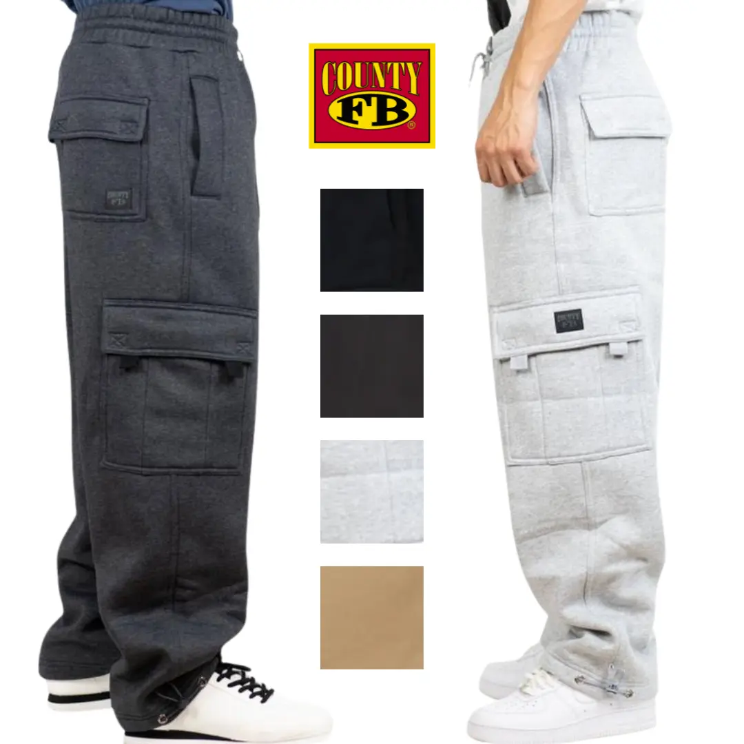 FB County Men's Heavyweight Baggy Cargo Sweatpants, Classic Loose Fit in 13oz Cotton Polyester Fleece with 6 Utility Pockets, Menswear, Matching