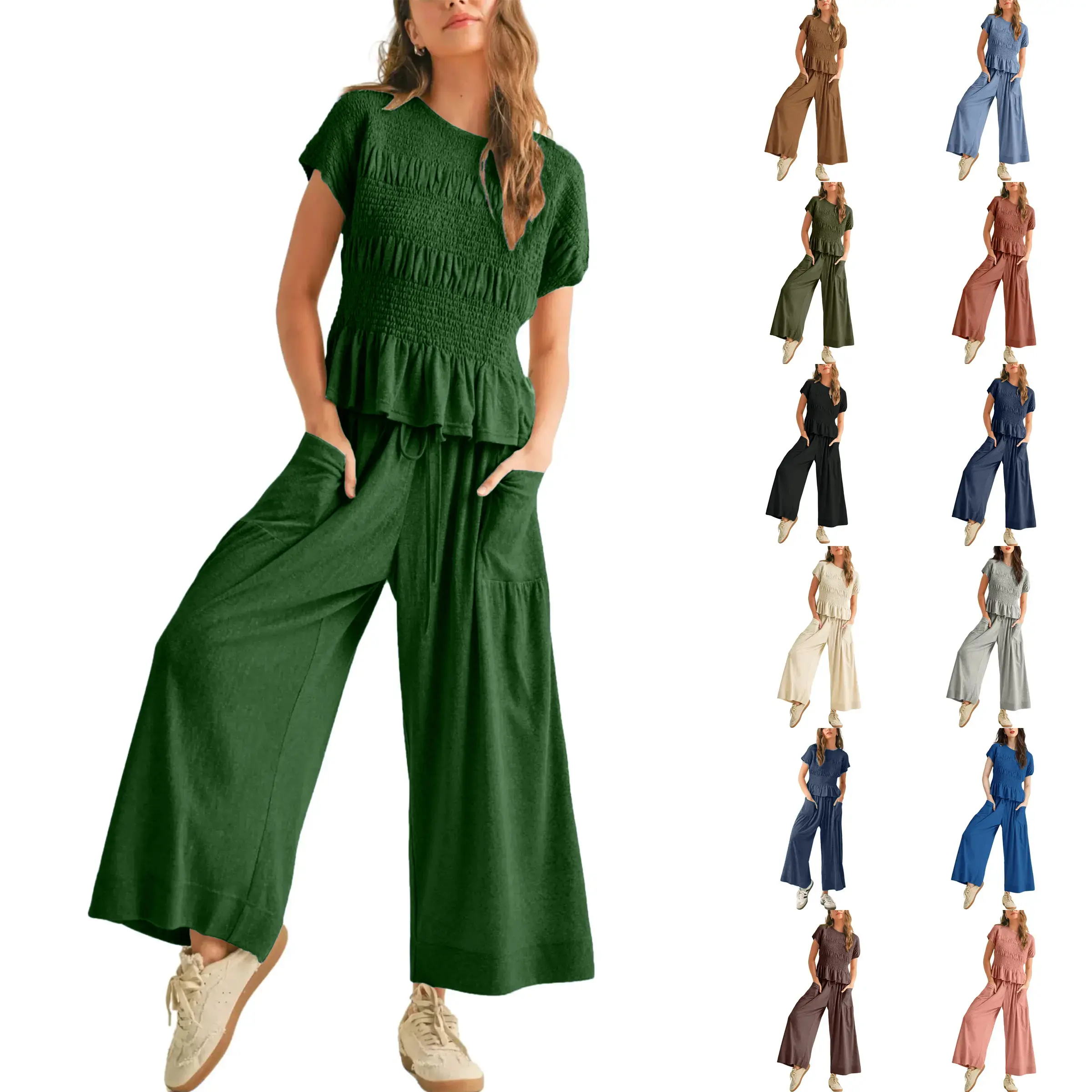 Mundoven Women's 2-piece smocked Top & Wide-leg pants Set-High waisted Lounge Outfit with Pockets Casual Boho Matching Set