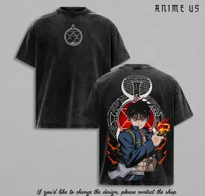 Roy Mustang Fullmetal Alchemist Anime Tee Flame Alchemist Fire Power Dark Aesthetic Streetwear Vintage Washed Graphic Shirt Unisex Oversized