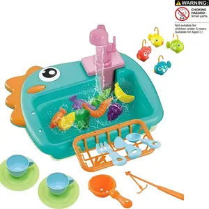 Kitchen Sink Toy Set, Kitchen Pretend Play Set, Role Play Kit with Water Tap, Fun Slide and Fishing Toys, Perfect Birthday Gift for Boys and Girls
