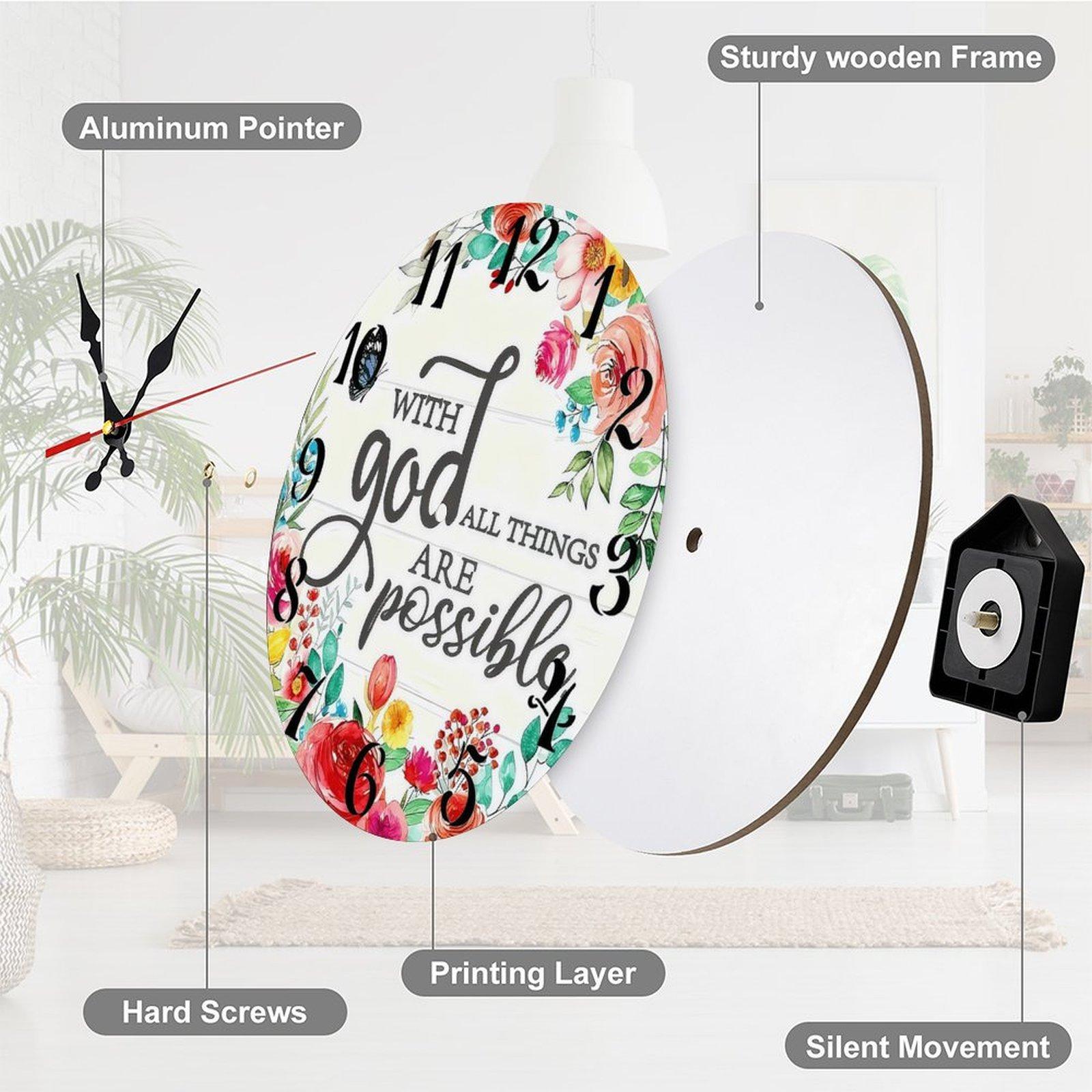12 Inch "With God All Things Are Possible" Floral Wooden Wall Clock | Silent Non-Ticking Christian Religious Decor, No Battery Included, Perfect for Home, Church, Prayer Room