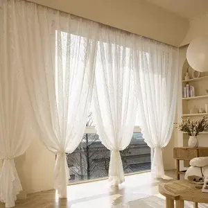 1pc French Country Lace Embroidery Rod Pocket Sheer Curtains, Easy Install Curtain, White Floral Semi-Sheer Drapes for Bay Window & Cottage Bedroom