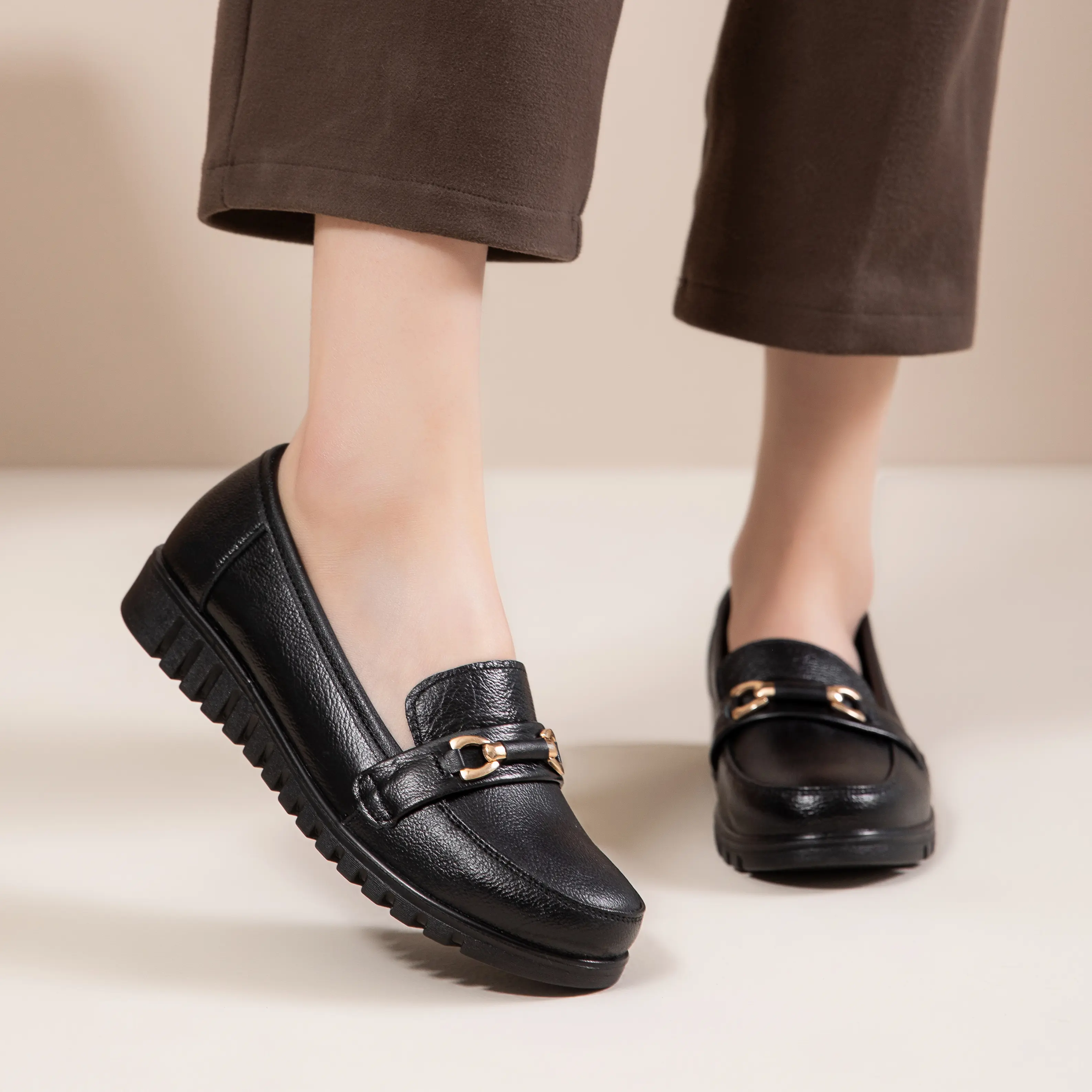 Women's Leather Loafers, Full-Grain Leather Slip-On Flats with Metal Buckle, Lightweight Breathable Shoes for Work & Casual Footwear Footwear Girl