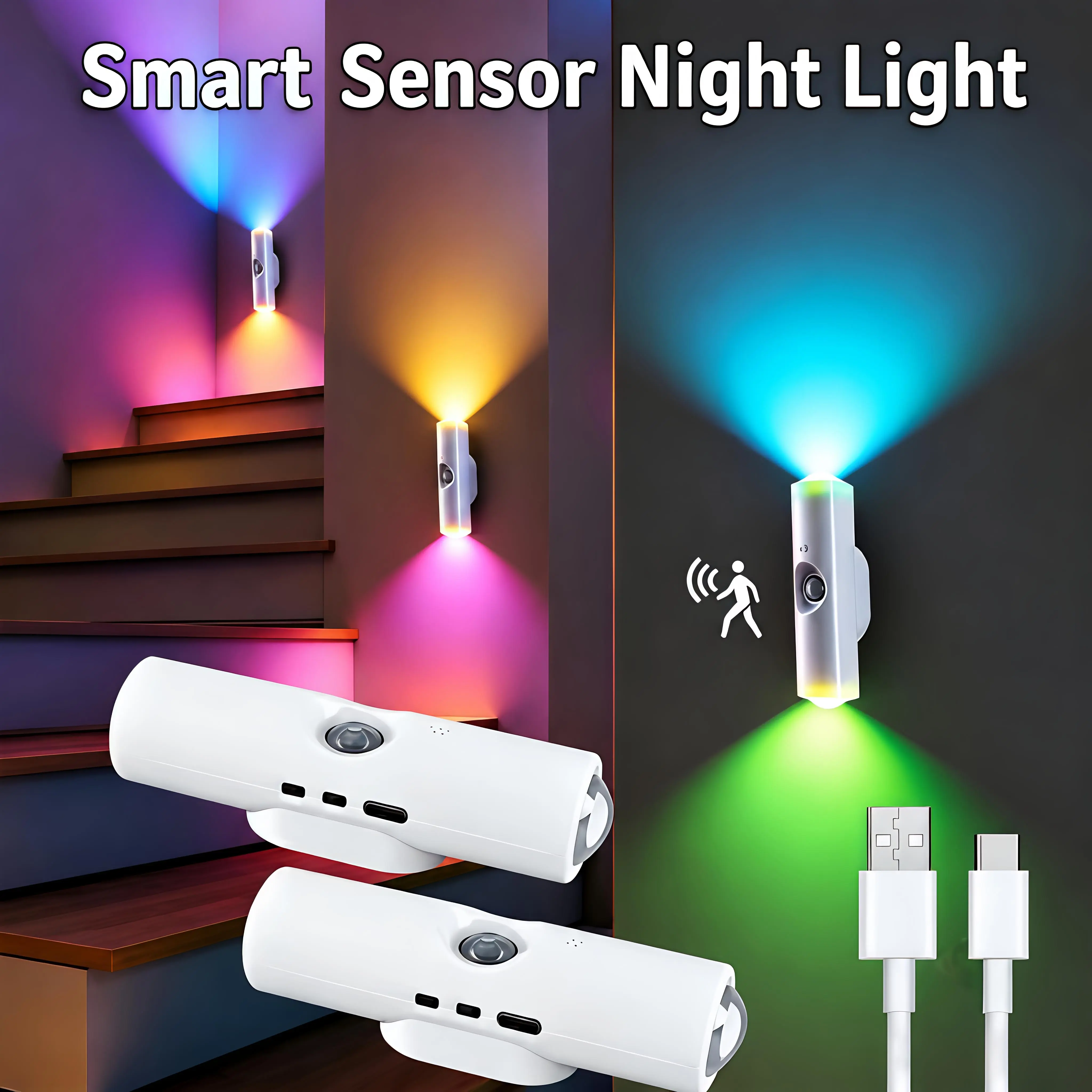 RGB Gradient Smart LED Motion Sensor Night Light - Dimmable, Magnetic, USB Rechargeable Wall Lamp, Home Decor Accessory for Entryway, Living Room