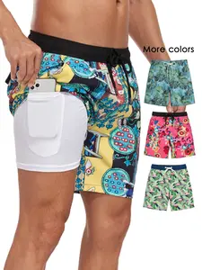 2 in 1 Men's 7 Inch Swim Shorts with Compression Liner, Quick Dry Beach Swimwear with Drawstring & Pockets for Holiday Use, Swimming Trunks