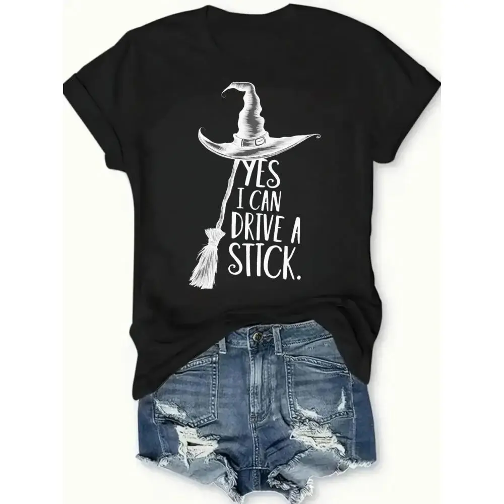 Witch Graphic Print Pure Women's T-Shirt - Comfort Fit, Round Neck, Casual SpringSummer Tee with Playful Yes I Can Drive a Stick Design, Black, Medium Elasticity, Smooth Texture, Regular Length, Ladies T Shirts Plus SizeArtWearLab