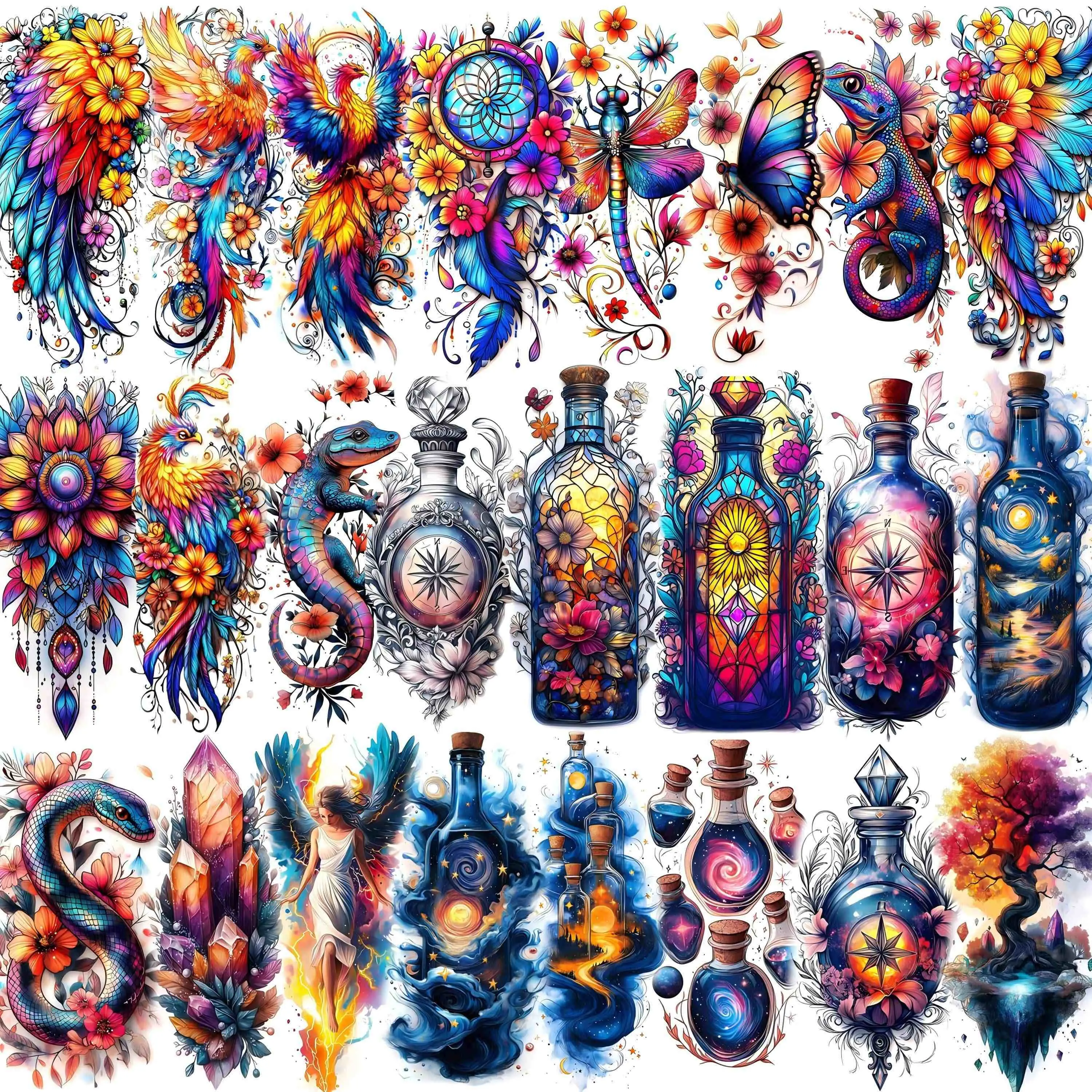 glaryyears 24 Sheets Half Sleeve Temporary Tattoo Kit for Women, Waterproof Long Lasting Fake Tattoo Paper with Watercolor Flower & Phoenix Designs