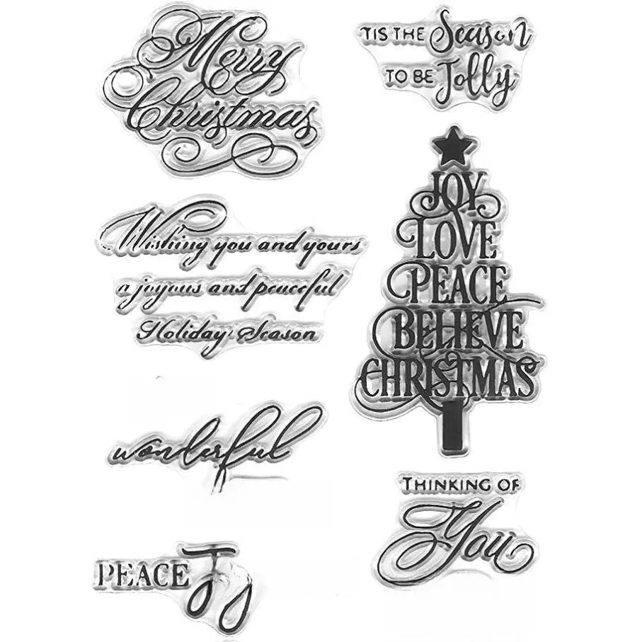 Merry Christmas Blessing Words Clear Stamps for Card Making Decoration DIY Scrapbooking, Christmas Handwriting Trees Transparent Rubber Seal Stamps for Photo Card Album Crafting Supplies