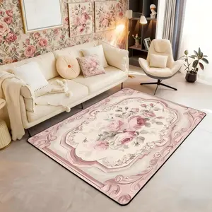 French Country Floral Area Rug Pink Rose Rugs for Living Room | Romantic Flowers Washable Rug,Rustic Carpet Indoor Floor Mat