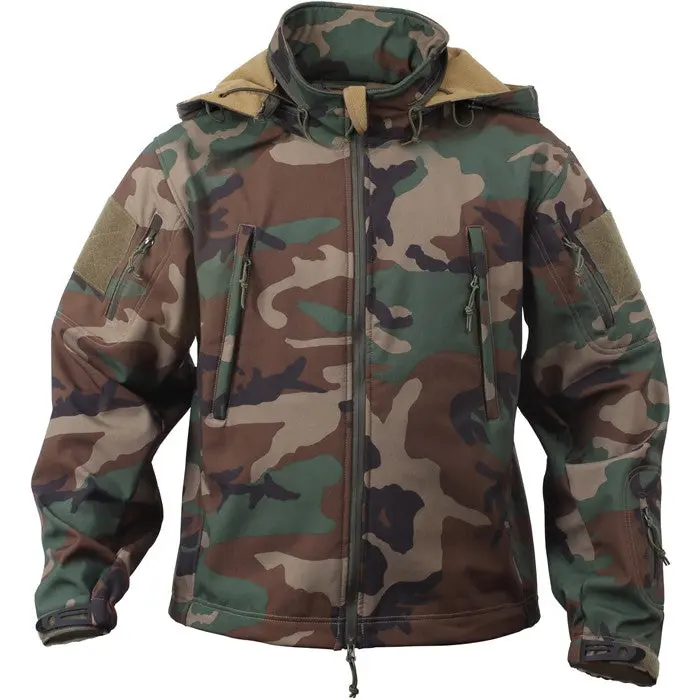 Men's Tactical Long Sleeve Softshell Coat - Woodland Camouflage, Weatherproof, Fleece-Lined, Adjustable, Wind-Deflecting Outdoor Jacket with 8 Strategically Placed Pockets, Zipper Closure for Hunters