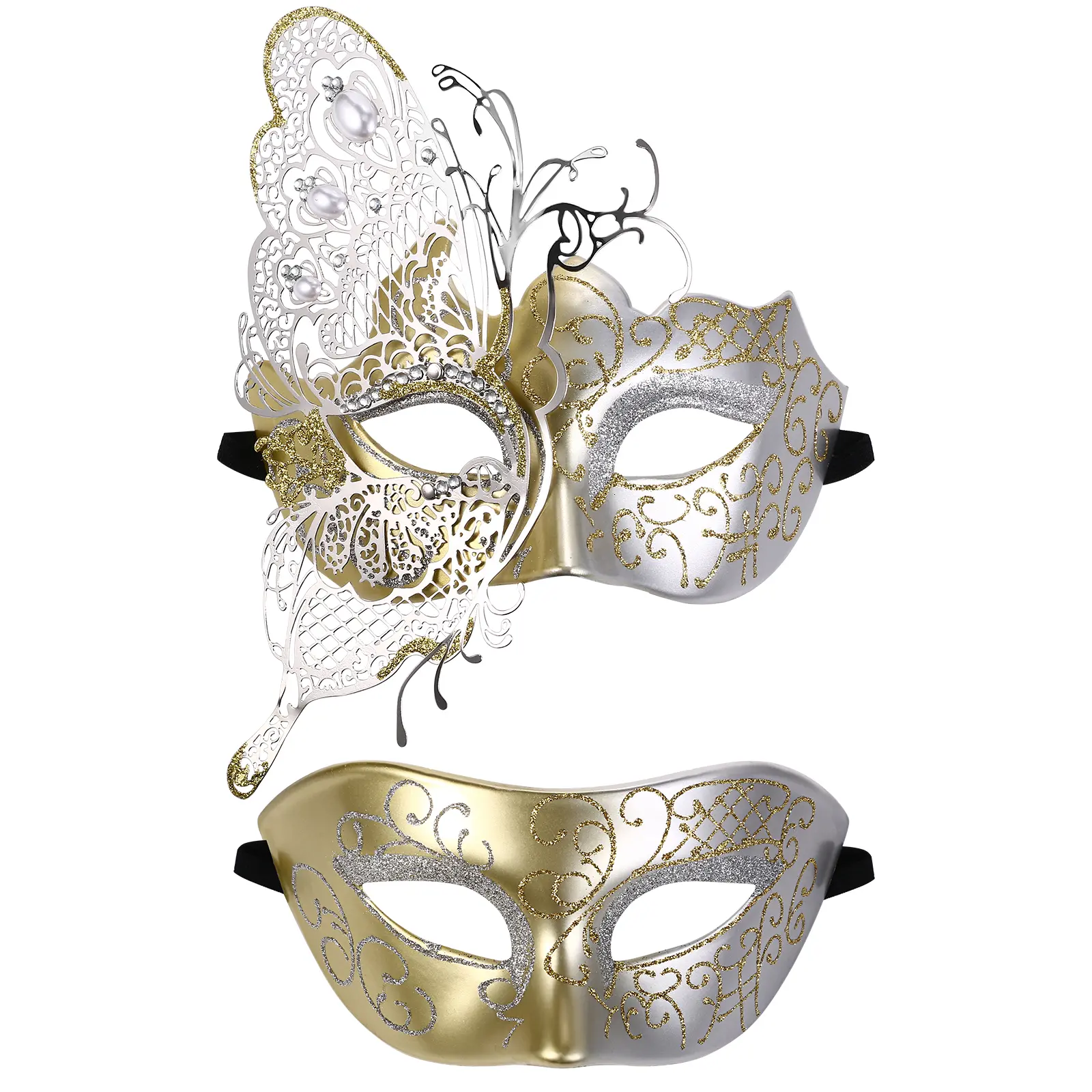 OIDEA 2-Piece Venetian Couples’ Half-Face Masquerade Mask Set, White Gold Butterfly Rhinestone Design, Shiny Lightweight Comfortable Photo Accessory for Halloween, Wedding, Fashion Accessories