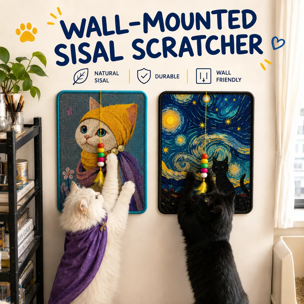 Wall-Mounted Imported Sisal Cat Scratcher Pad Mat with Cartoon Modern Hanging Toy, Couch Damage Prevention Alternative, Prevents Damage