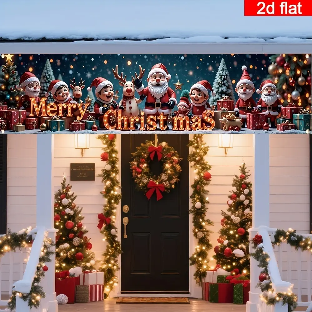 1pc Christmas party banner, made of polyester material, with background pictures of Santa Claus, reindeer and elves, suitable for indoor and outdoor decoration, festival decoration, Christmas party decoration and courtyard decoration