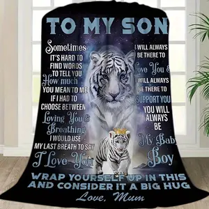 1Pc Tiger Print Flannel Blanket For Mom To Son - Soft, Warm, And Cozy With Heartfelt Message, Perfect For Sofa, Bed, Or Gift, All-Season Use, Blanket For Couch