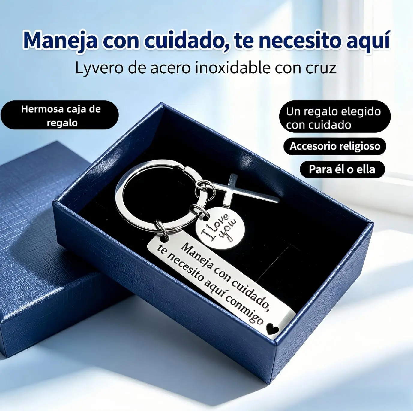 Maneja Con Cuidado Te Necesito Aquí Conmigo Keychain Hermosa caja de regalo with Cross & "I Love You" Charm, Spanish Drive Safe Stainless Steel Keyring, Romantic Religious Gift for Him/Her, Perfect Gift for Birthday,men's accessories Outdoorfun