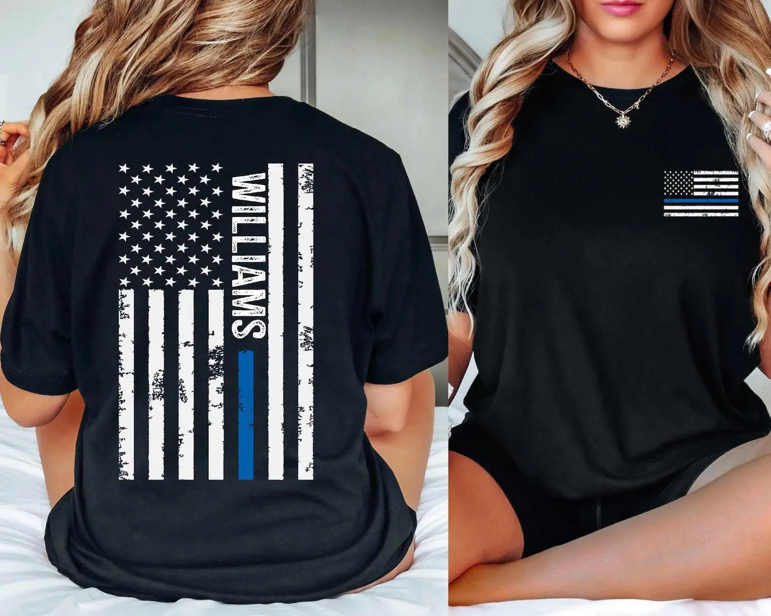 Custom Last Name American Flag Tee, Comfort Colors Personalized Police Shirt, Thin Blue Line Flag