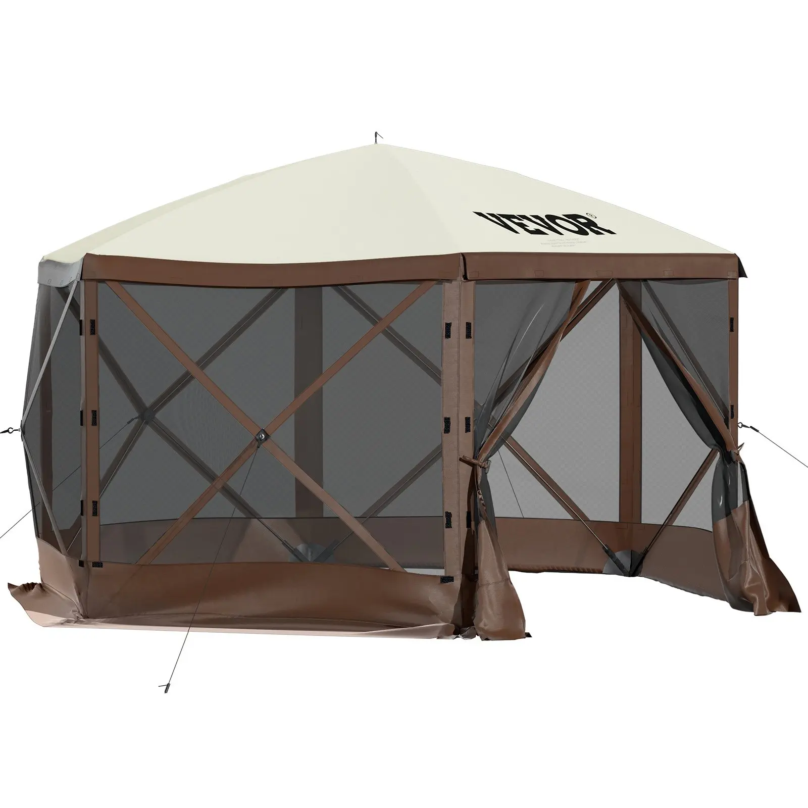 Camping Gazebo Tent, 10'x10', 6 Sided Pop-up Canopy Screen Tent for 8 Person Camping, Waterproof Screen Shelter w/Portable Storage Bag, Ground Stakes, Mesh Windows, Brown & Beige