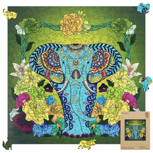 Elephant Mys Aurora Wooden Jigsaw Puzzle for Kids and Adults 200 Pcs Unique Shape Nice Box Packing Fun Challenging Brain Exercise Family Game Creative Gift for Friends Parents Grandparents Multicoloured