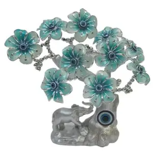 9.5" X 9" X 4.5" LIGHT BLUE FLOWER W/BLUE EYES & ELEPHANT Decor Decorative Ornaments