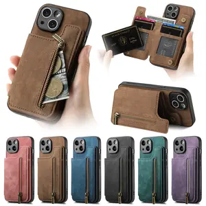 Zipper Cards Solt Wallet Leather Case For iPhone 16 Pro Max 15 14 Plus 13 12 11 Pocket Magnetic Double Buckle Cover