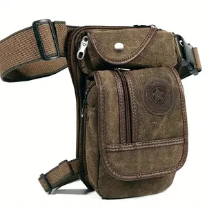 Men's Tactical Canvas Fanny Pack Outdoor Sports Leg Bag with Phone Holder Retro Style Brown Beige Multi Pockets Adjustable Strap for Hiking Daily Use Small Pack