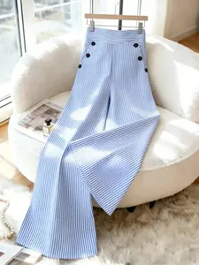 New Spring Summer Fashion Simple Woven Elegant Linen Blue Striped Wide Leg Bell Pants, Hidden Zipper and Pockets Design