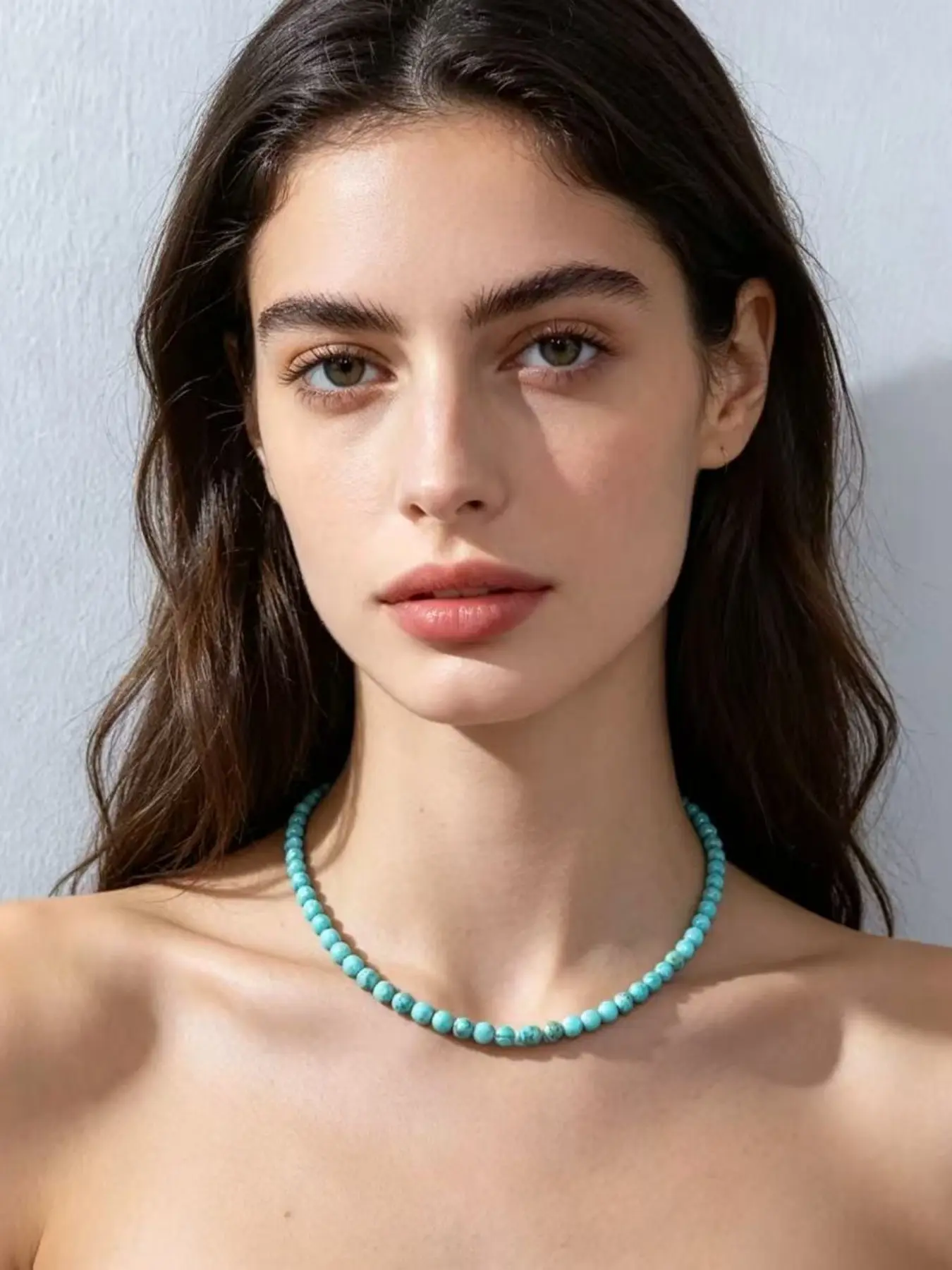 European Style Turquoise Beaded Choker Necklace, Summer Fresh Versatile Pendant, Simple Turquoise Round Bead Chain, Retro All-Season Jewelry for Women