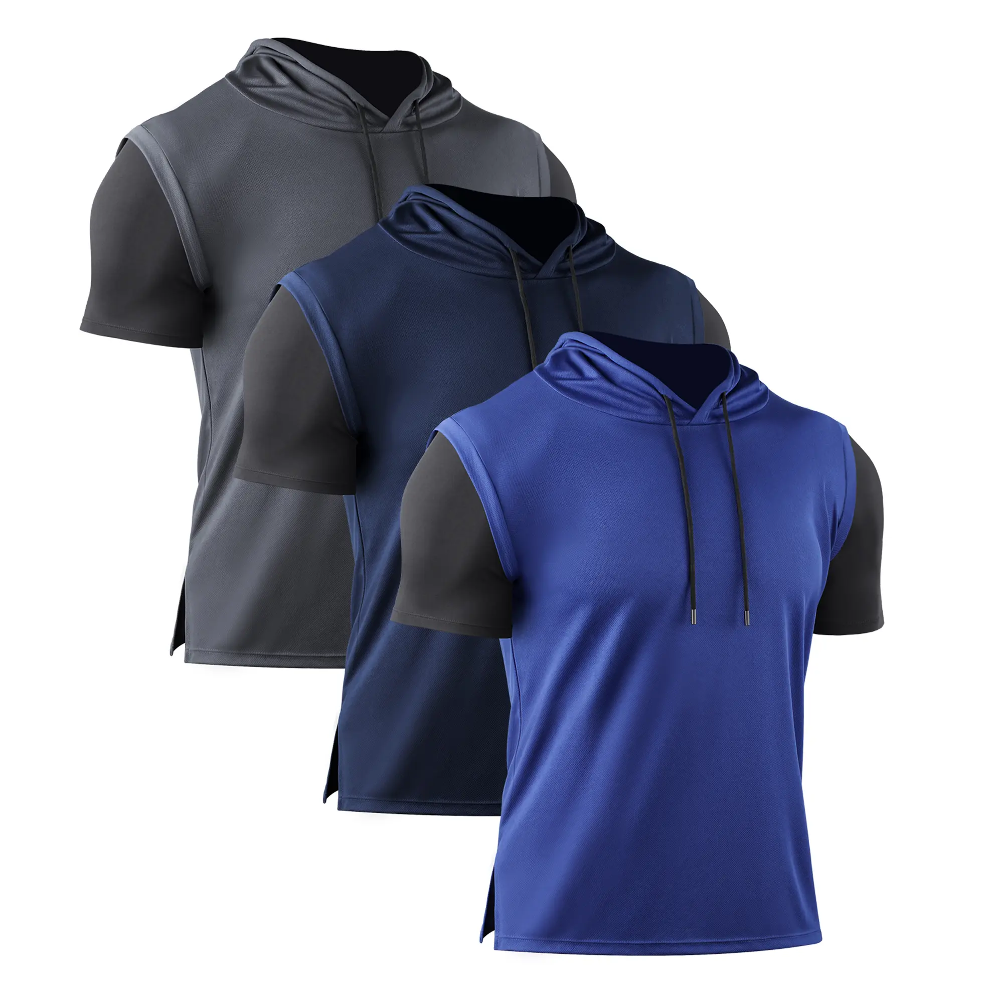 NELEUS Men's 3-Pack 2-in-1 Quick-Dry Hooded Short-Sleeve Performance Workout Tops, Relaxed Fit, Mesh Fabric Fast-Dry Men's Sports Hoodie with Layered Look for Summer Training, Mesh Fabric Men's Sports Hoodie, Quick Dry Men's Sports Hoodie
