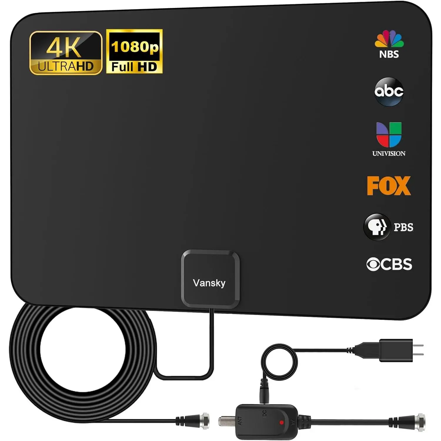 Vansky Crystal Corded Indoor HDTV Antenna Accessory - Digital Amplified, 1080p VHF/UHF Reception, 250mi Range, Detachable Antenna Amplifier, 16.5ft Coax Cable for Local CNN/ABC Channels, Powerline Compatible, Weather Resistant, Durable Build, 250 Miles