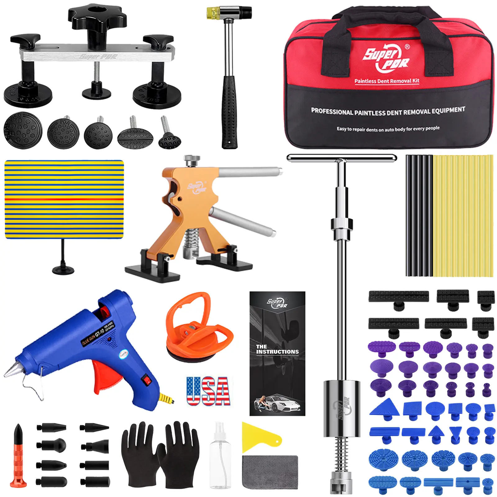 Super PDR Paintless Dent Repair Kit with Puller Hammer Remover Lifter Dint Hail Damage Tool Set for Car Body Repair 97PCS