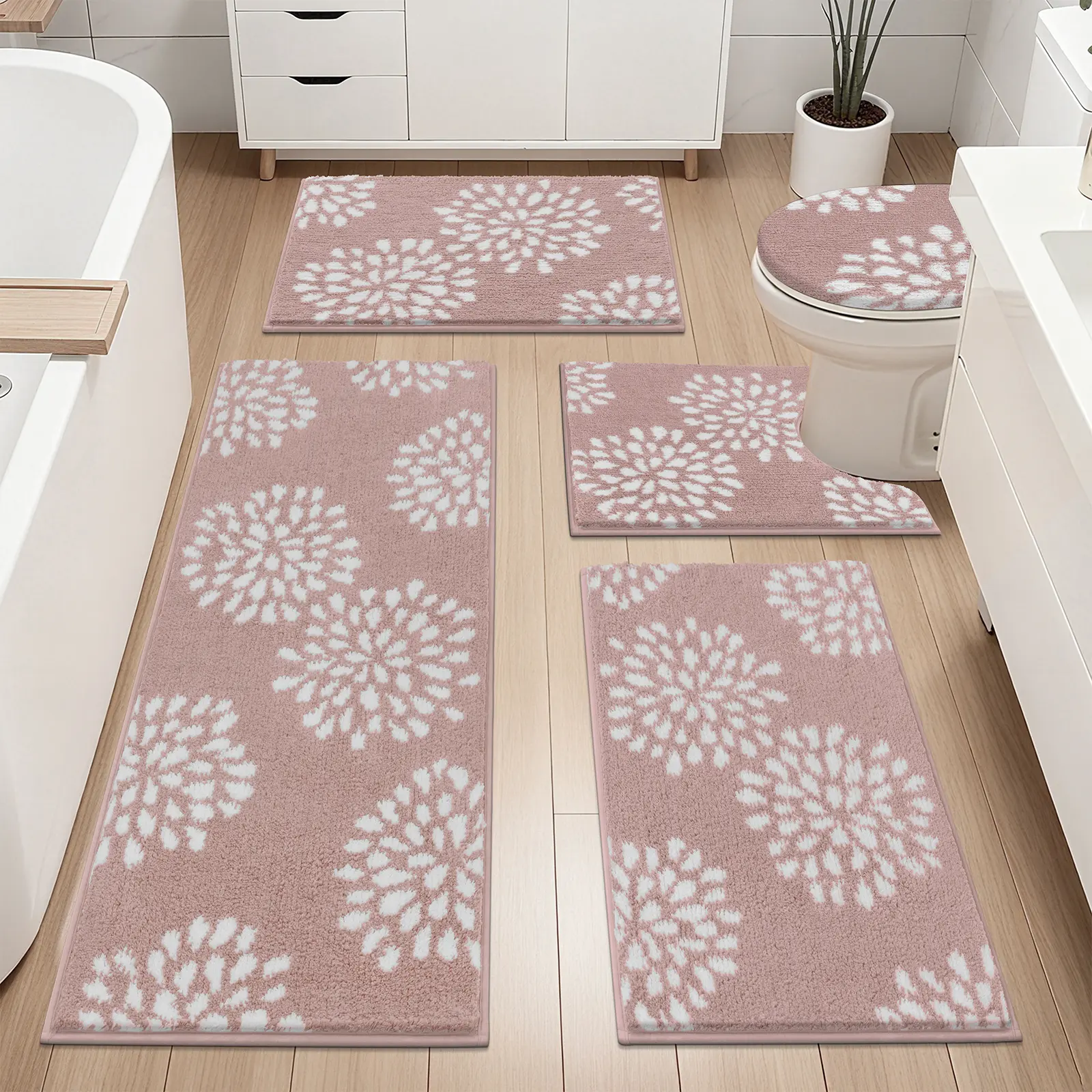 [Back to School] HEBE Floral Bathroom Rugs Set 5 Piece, Non Slip Washable Bath Mat Set for Bathroom, Absorbent Microfiber Bath Carpet with U-Shaped Contour Rug for Tub, Shower,home essentials