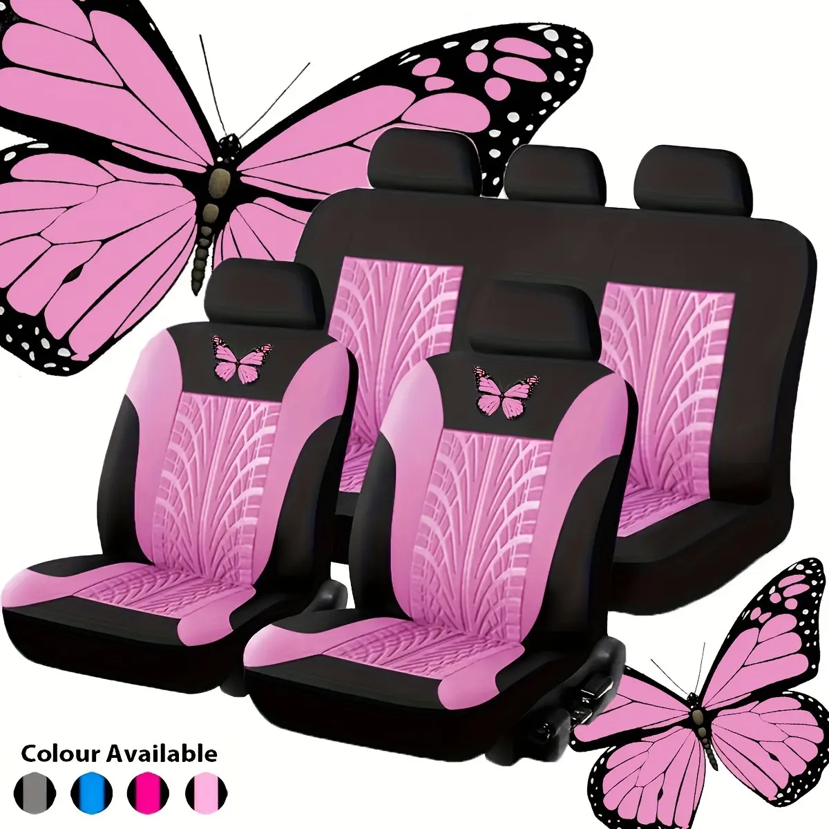 YASEENLIN Butterfly Bronzing Car Seat Covers 5-seat full set Durable Polyester Mesh Set Universal Fit Easy Install Pink Color Protective Fitting for Enthusiasts