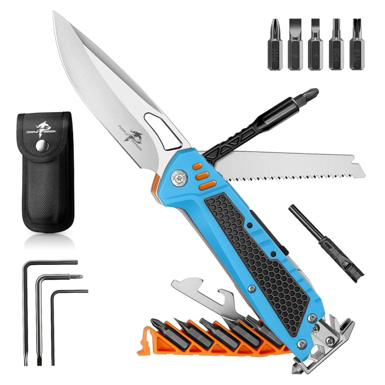 PURPLE DRAGON 13-in-1 Multitool with Steel Blade, Plastic Components, Secure Grip & Sheath - Outdoor Gear for Adults, Ideal Gift for Men