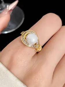 Pearl Zircon Open Ring, Elegant Light Luxury Jewelry Gift for Her, Adjustable Gold/Silver Tone Ring for Birthday/Anniversary