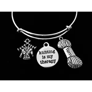 Knitting is My Therapy Adjustable Bracelet Expandable Silver Charm Bracelet Bangle Yarn Knitting Needles Trendy Gift
