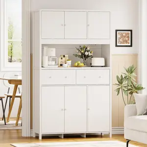 71" H Tall Kitchen Pantry Cabinet with Charging Station, Countertop & Storage Drawers, Modern Hutch Furniture for Living Room & Dining Room