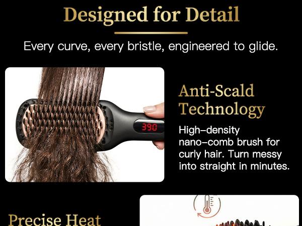 MEGAWISE Pro Ceramic Ionic Hair Straightener Brush - 20s Fast Heating, Frizz Control, Auto-Off, Dual Voltage, Plug Powered Home Salon Tool for Women with Thick Hair, Black