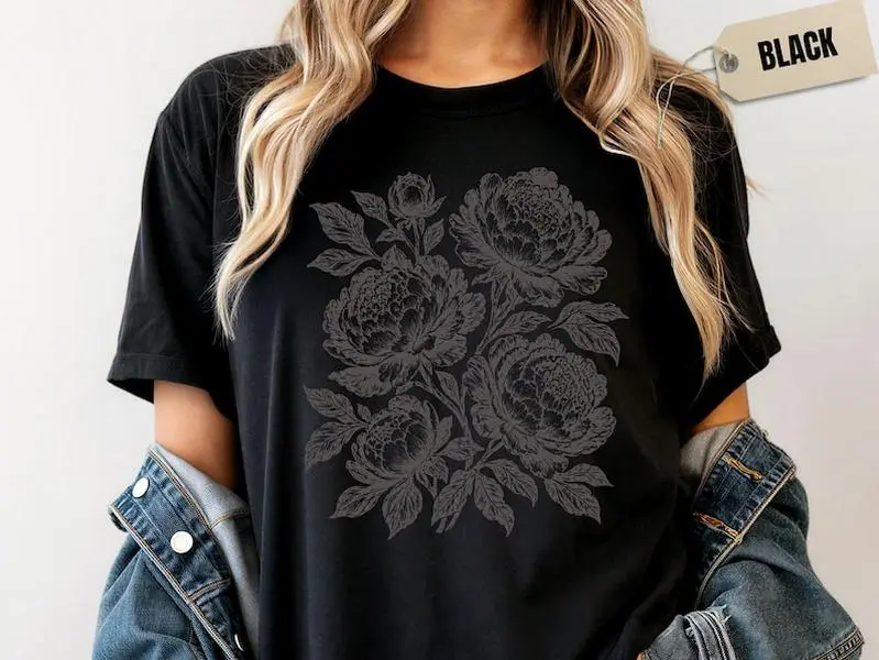 Botanical Flower Shirt, Vintage Peony Linocut Floral T-Shirt, Nature Garden Shirt, Comfort Colors Tee