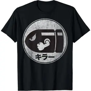 Retro Mario Bullet Bill T-Shirt, Japanese 'Killer' Text Graphic Tee, Soft 100% Cotton, Perfect Gift for Super Mario Bros Gamer Fans