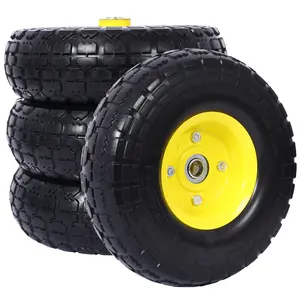Heavy-Duty Flat-Free PU Foam Tire and Wheel - 4.10/3.50-4 Size, 10 in, 5/8 in Axle Bore Hole, 2.2 in Offset Hub, Double Sealed Bearings, Black Tire with Yellow Rim, Universal Fit for Hand Truck Replacement