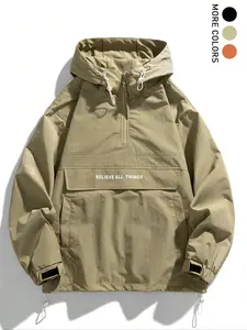 Men's Letter Print Drawstring Pocket Half Zipper Hooded Jacket, Regular Fit Casual Long Sleeve Windproof Outerwear for Fall & Winter, Men's Clothes for Daily Wear, Casual Style Outerwear, Casual Comfy Zipper, Menswear