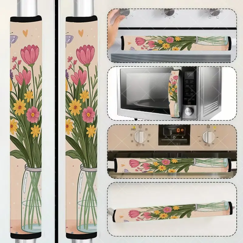 2-Piece Microwave and Refrigerator Handle Covers Set, Decorative Cover, Floral Pattern Kitchen Decor, for Fridge, Oven & Microwave Handles