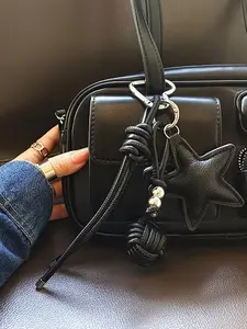 Star Woven Rope Keychain, Bag Charm Keychain, Pentagram Bag Pendant, Black, Silver, Pu Leather Rope Woven Pendant, Suitable For Keychain, Bag Decoration, Holiday Gifts, Personalized Accessories