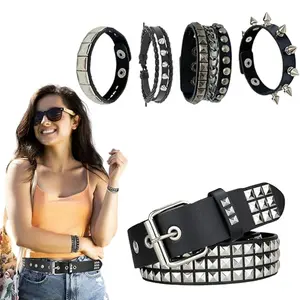 Pack Of 5 Studded Belt & Bracelet Set - Gothic Punk Rock Metal Accessories Suitable for Jeans,Street Style Belt Buckle & Bracelet for &, Retro for Night Outfits, Concerts, Casual Wear
