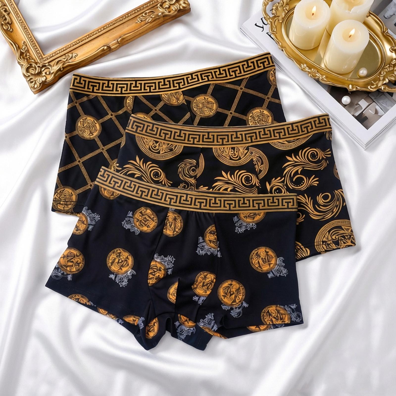 5 Pack Men's Black & Luxe Gold Printed Boxer Briefs - Breathable Elastic Soft All-Season Underwear Fabric Stylish