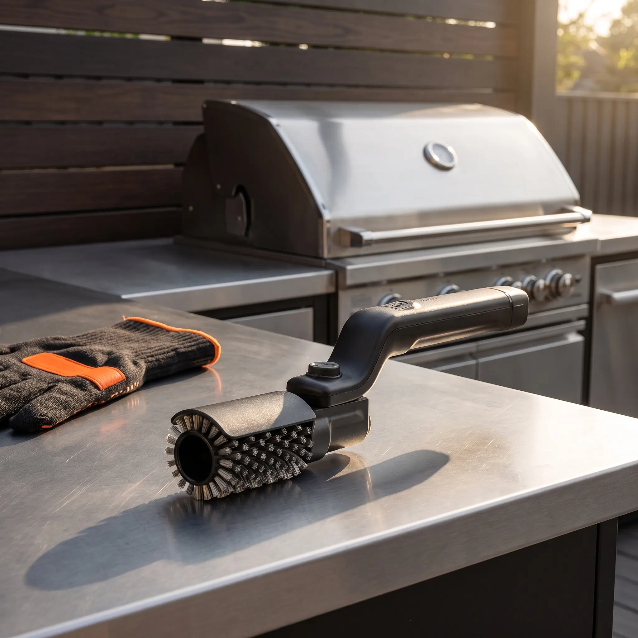 Rechargeable BBQ Grill Brush and Scraper, Foldable Electric Grill Cleaning Brush with 2-in-1 Nylon & Scouring Pad Heads, Cordless Grill Cleaner Tool with Gloves for Outdoor Barbecue Kitchen Accessories