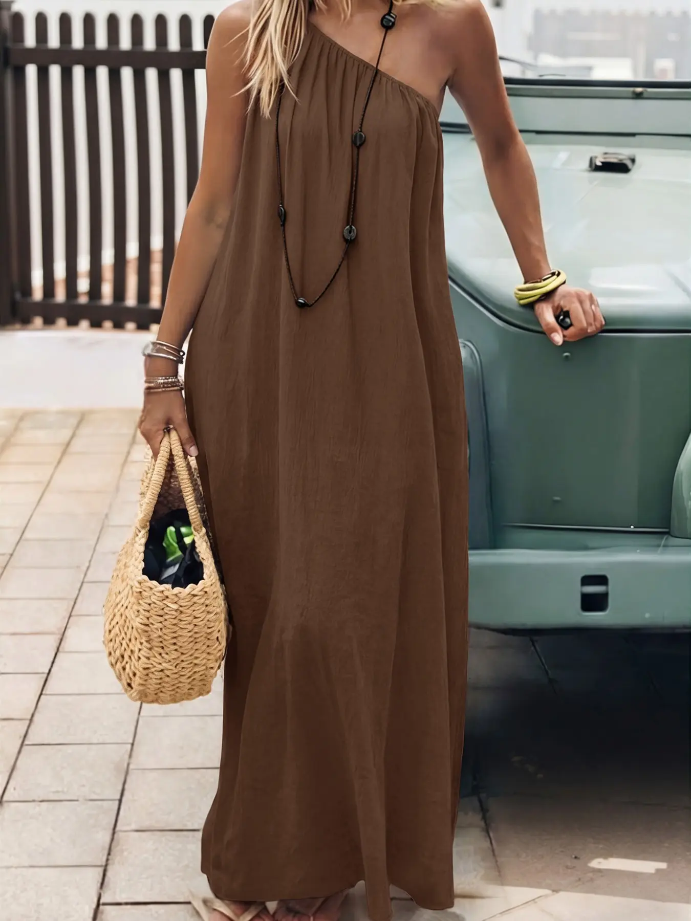 Summer Women's One-Shoulder Long Dress, Sleeveless Loose Fit Casual Skirt, Chic, Ideal for Daily Commute and Vacation, Casual Elegant Dresses